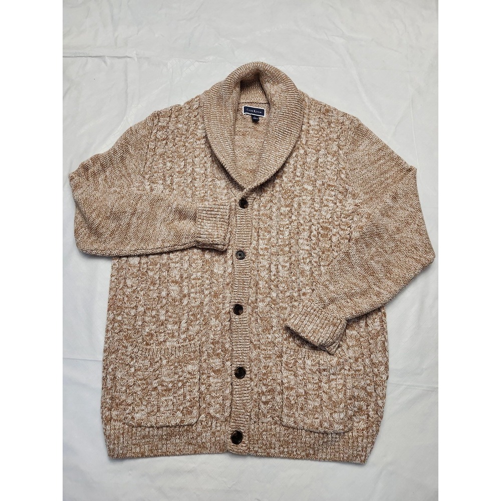 Club Room Sweater Mens Large Beige Shawl Collar Cable Knit Cardigan Pockets
